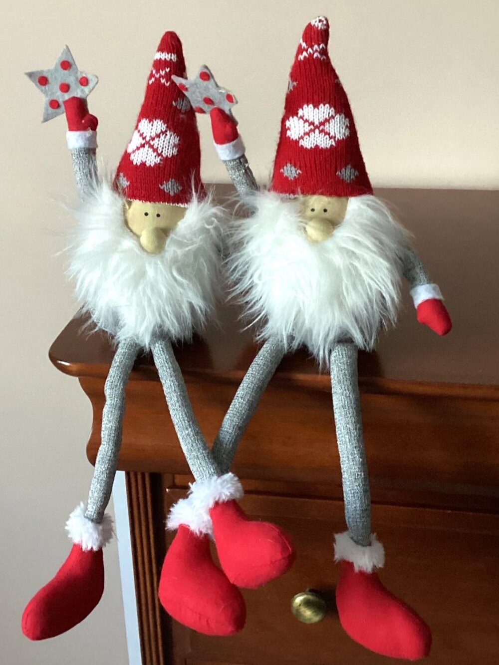 Set of 2 Christmas Shelf Sitter Gnomes Long Dangle Legs Nordic Snowflake Hat